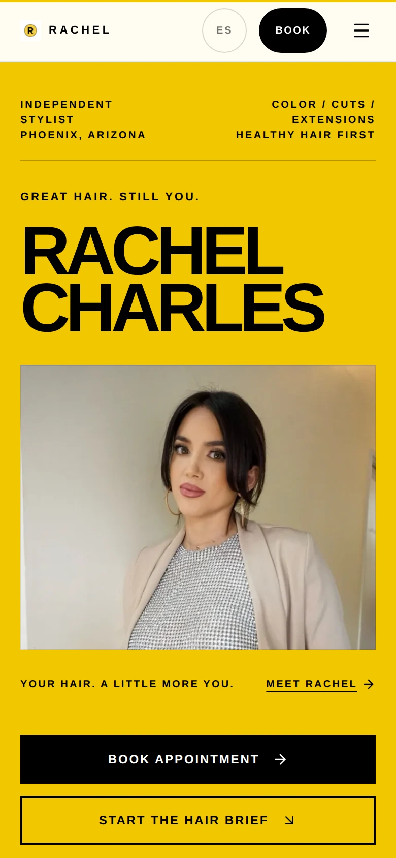 The Hair By Rachel Charles booking website with Rachel’s name and portrait visible
