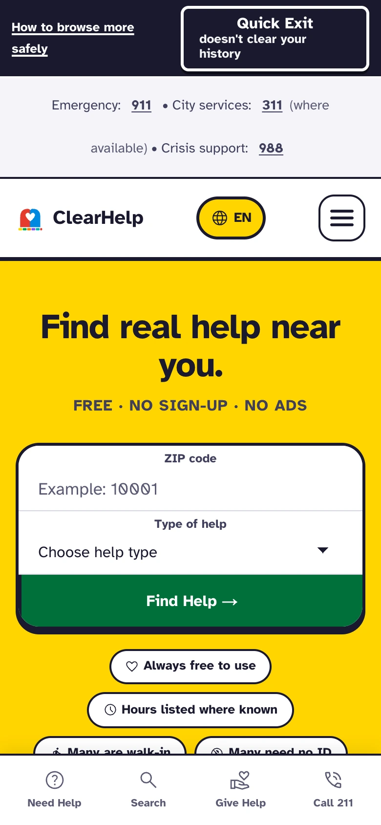 ClearHelp resource-search website on a phone.