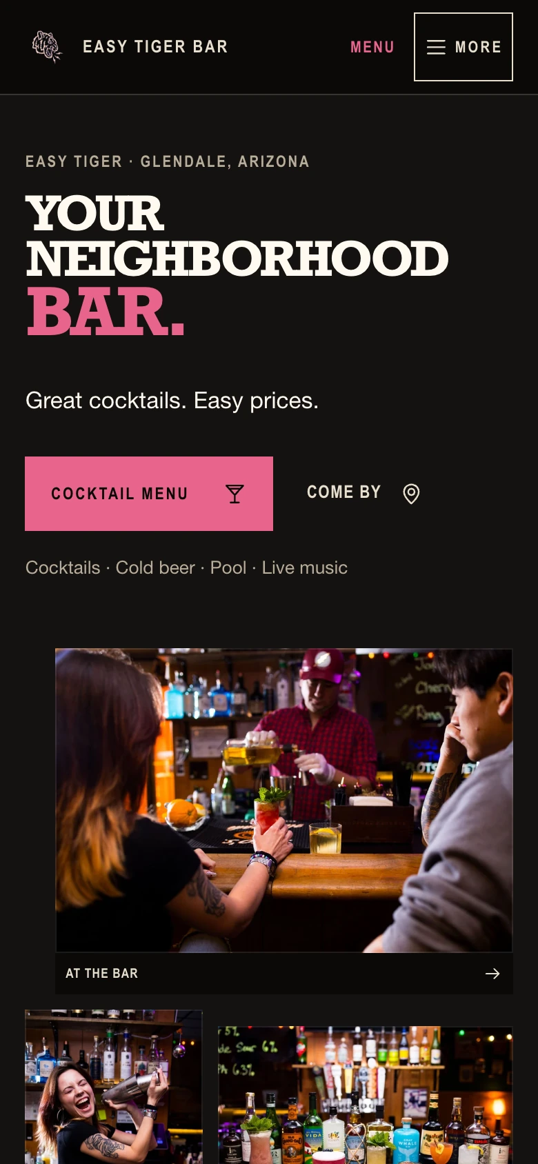 Easy Tiger Bar website on a phone.