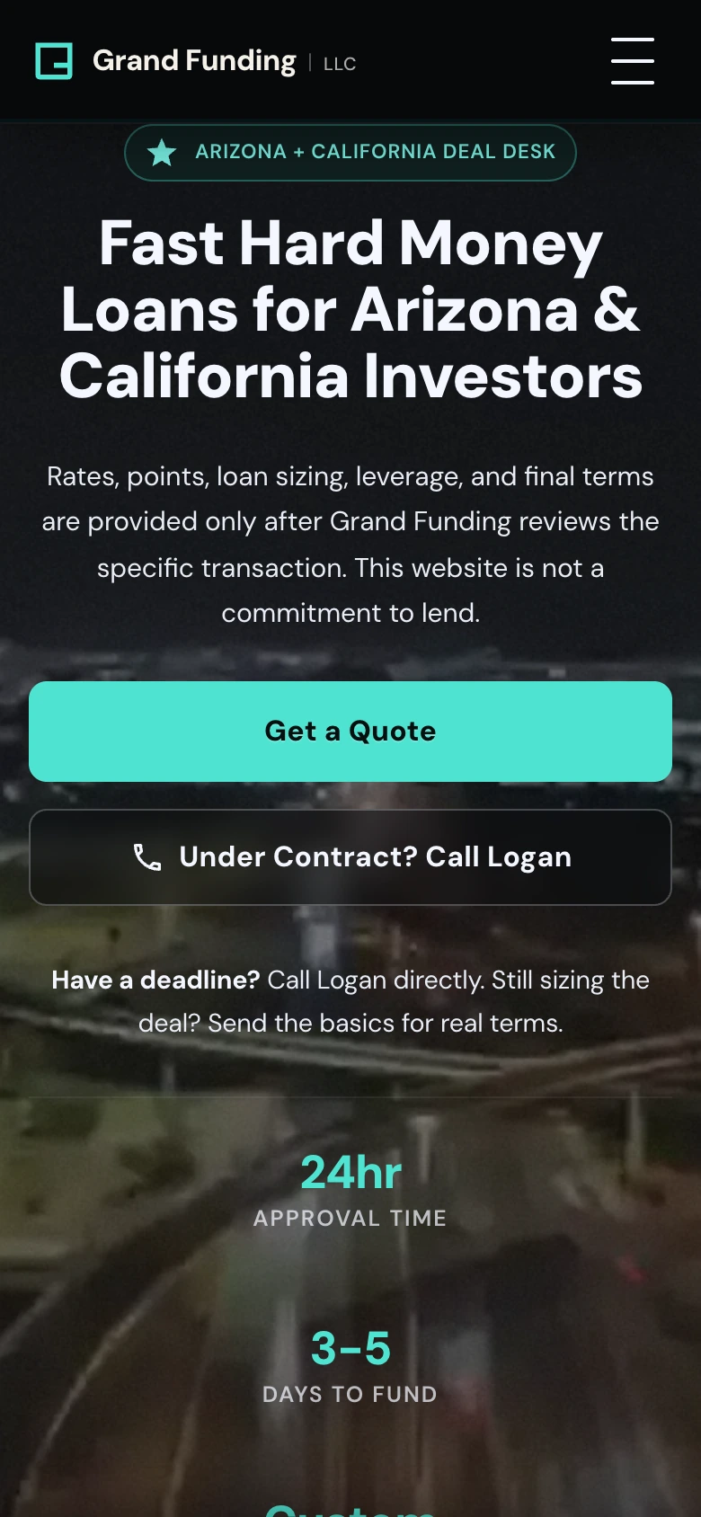 Grand Funding information website on a phone.