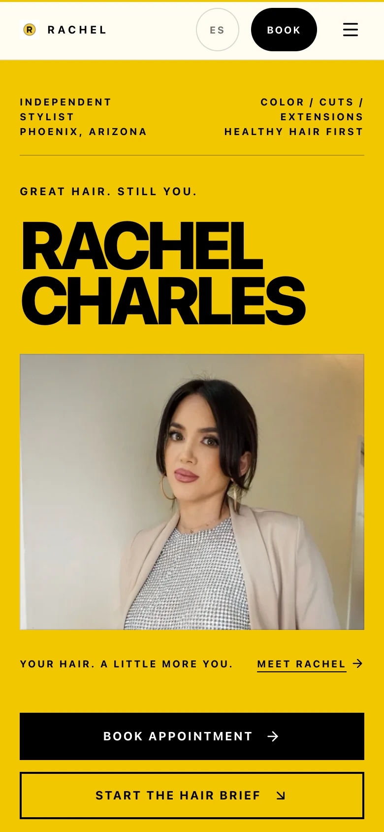 Hair By Rachel salon website on a phone.