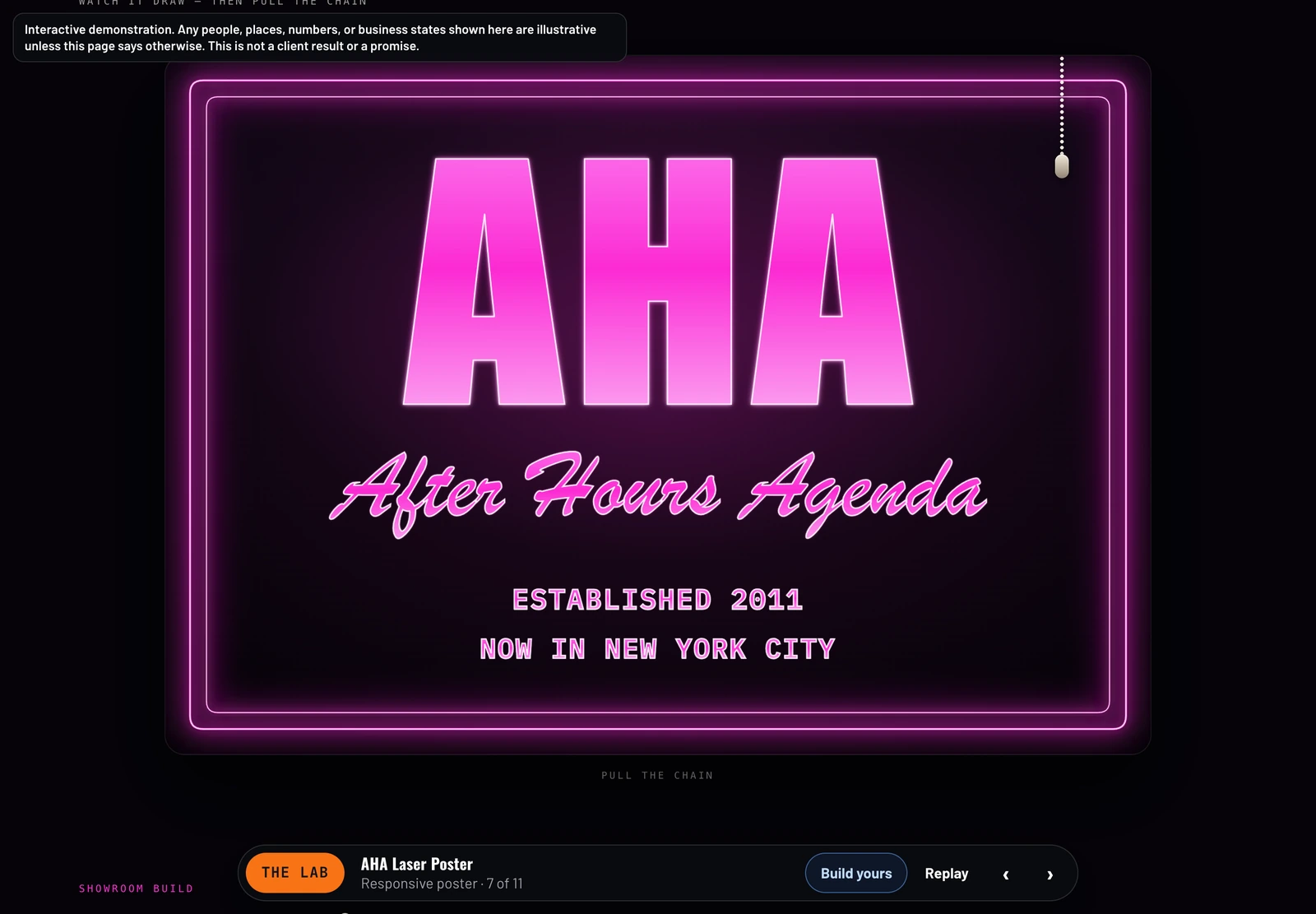 The AHA poster glowing pink, with its pull chain at the upper right.