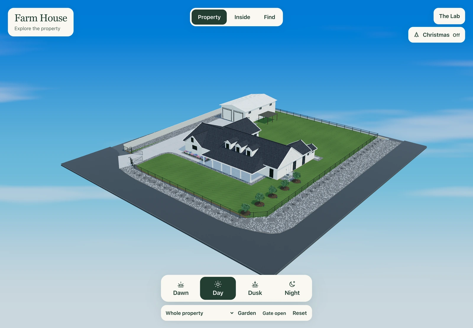 A fictional Farm House exterior model with a house, barn, gardens, and paths.