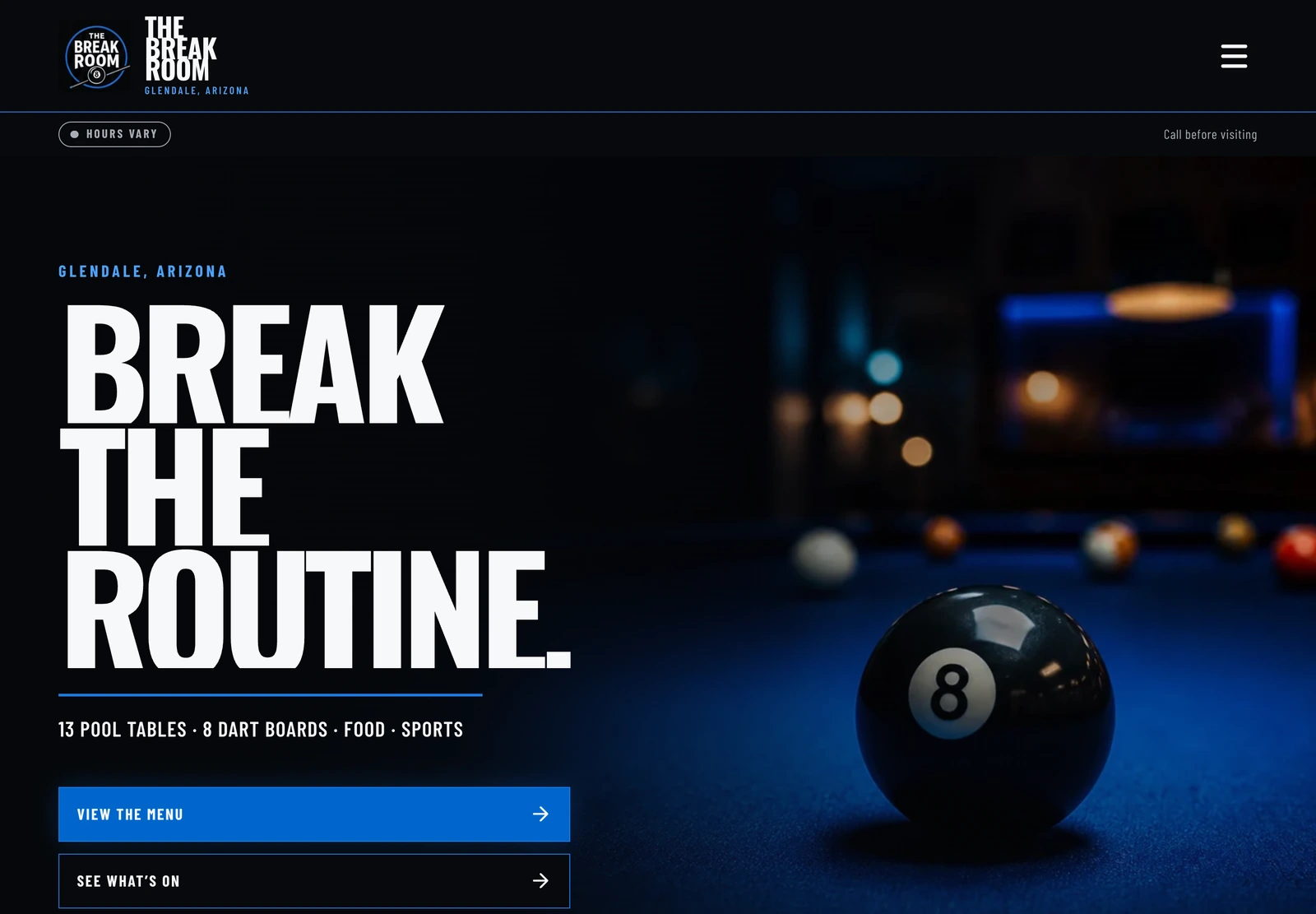 The Break Room pool-hall website on desktop.