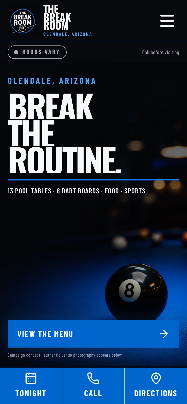 The Break Room pool-hall website on a phone.