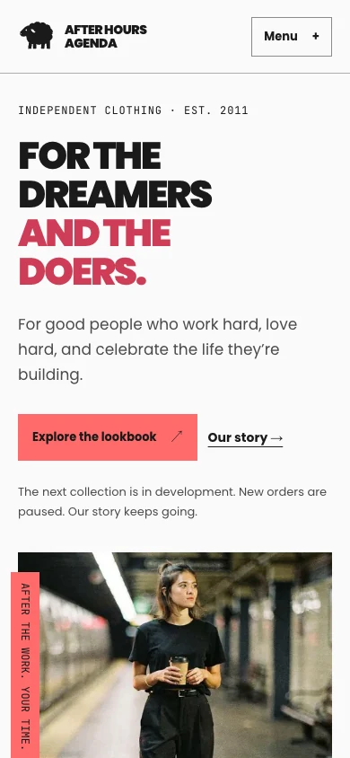 After Hours Agenda production homepage on a phone.