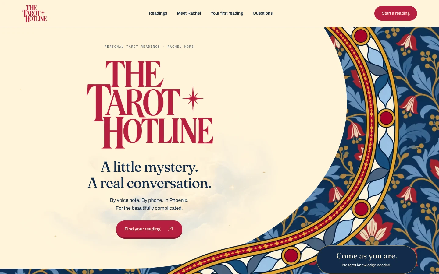 The Tarot Hotline production homepage on desktop.