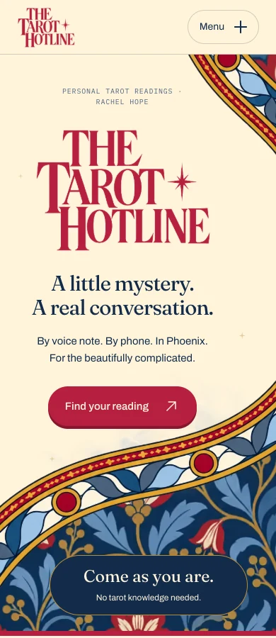 The Tarot Hotline production homepage on a phone.