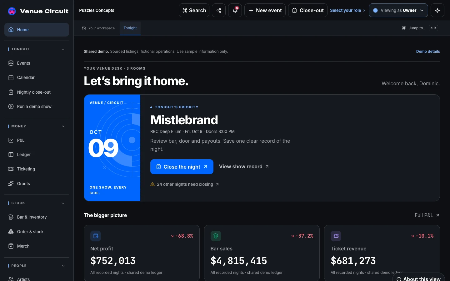 VenueCircuit public owner-demo workspace on desktop.