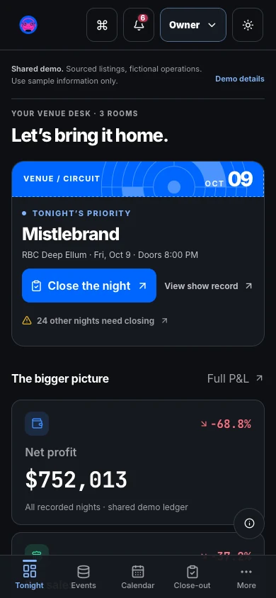 VenueCircuit public owner-demo workspace on a phone.