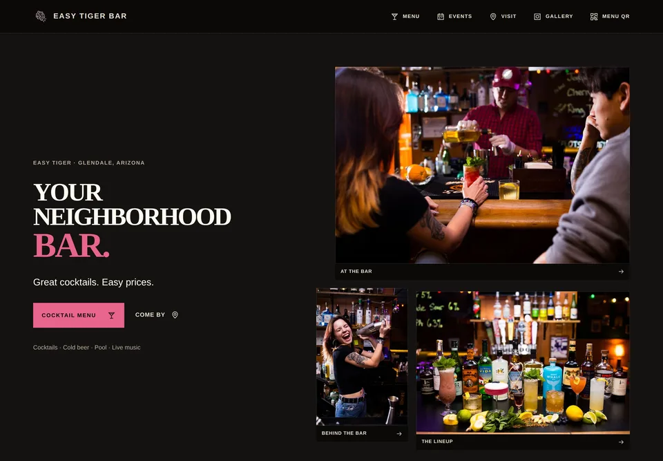 Easy Tiger Bar website on desktop.