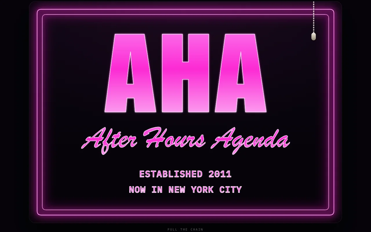 The After Hours Agenda lockup lit in pink neon inside a double-tube frame