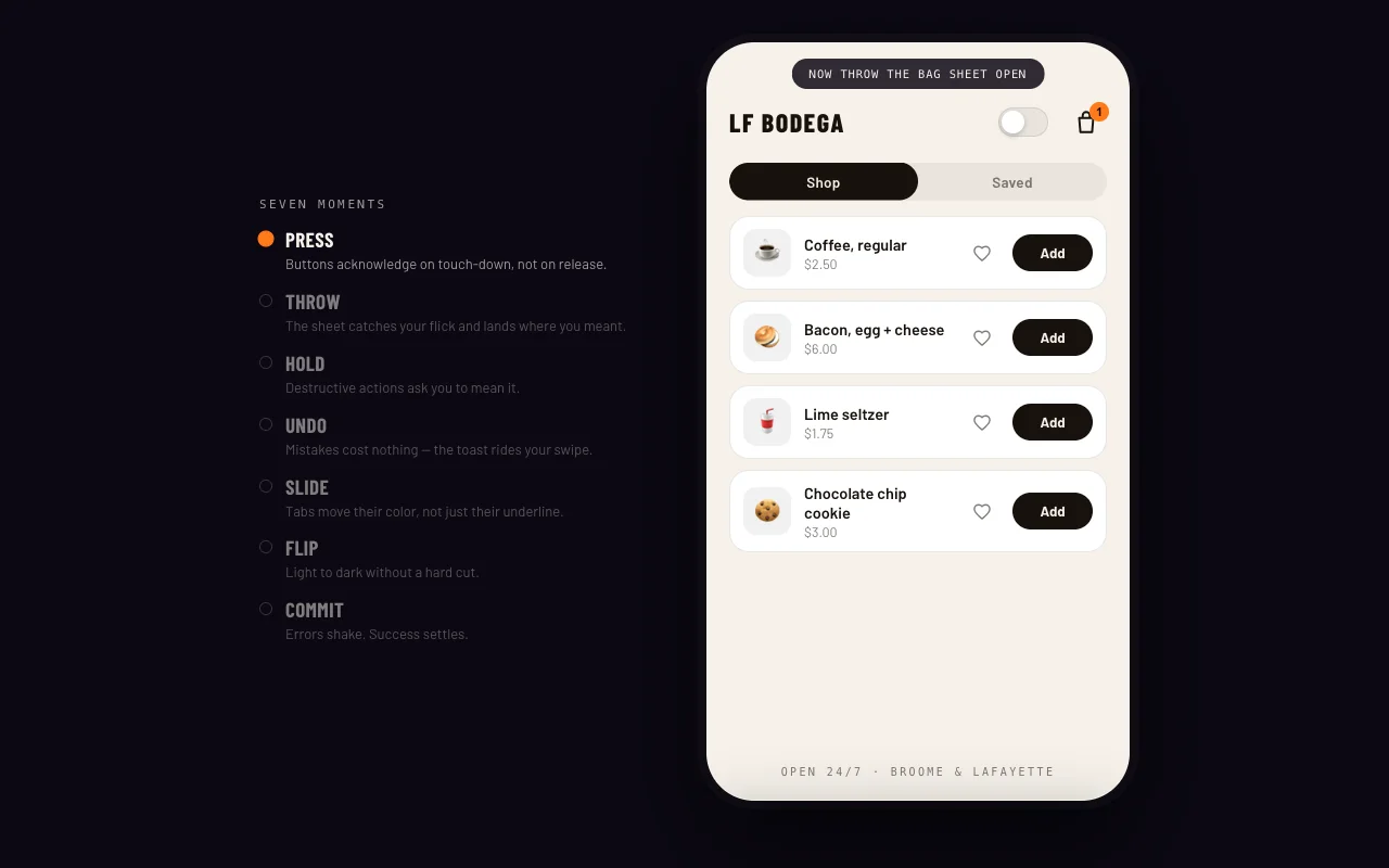 A small ordering app beside a checklist of seven interaction moments
