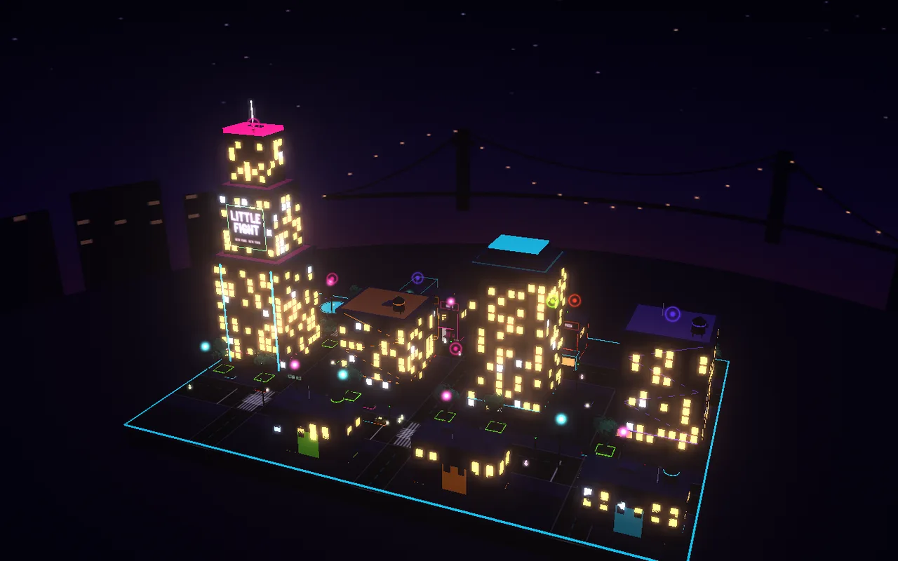 Vibrant neon 3D business district at dusk