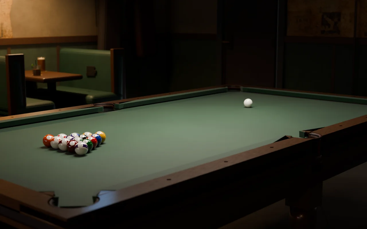 A dive-bar pool table with fifteen balls racked under a warm fixture