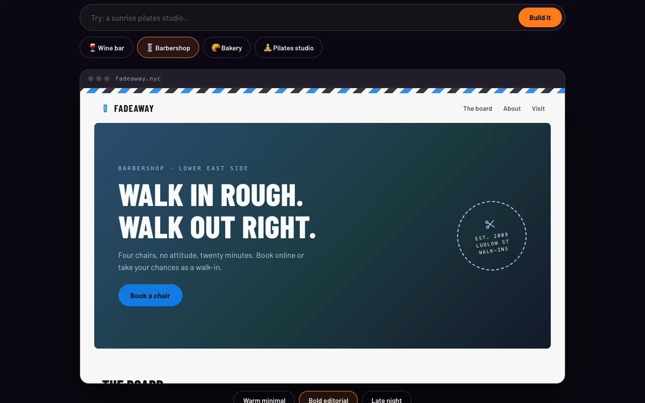 A generated barbershop website inside a browser frame with vibe switcher chips