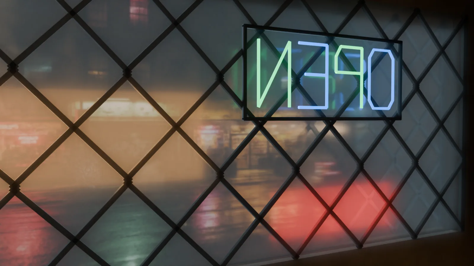 Rain-lit Lower East Side storefronts seen through a diamond-latticed bar window and an open neon sign