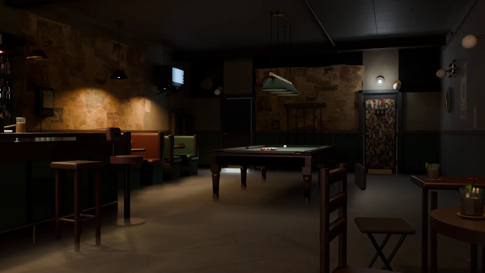 First step inside the bar, looking past mismatched stools and booths toward the pool table