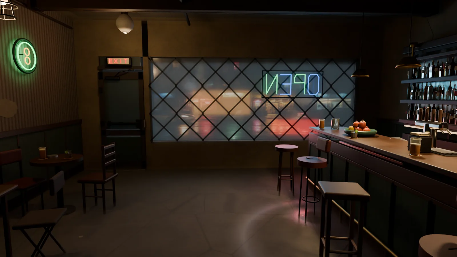 Front room with small tables, mismatched chairs, the bar, and a glowing street window