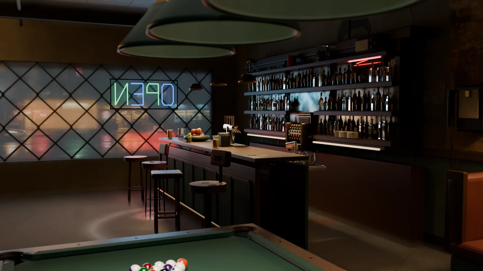 Pool-table corner framing a stocked back bar, old register, fruit bowl, and neon street window