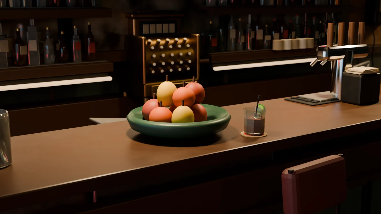 Wiped, worn bar top with fruit, old metal register, bottle shelves, and a coaster-set drink