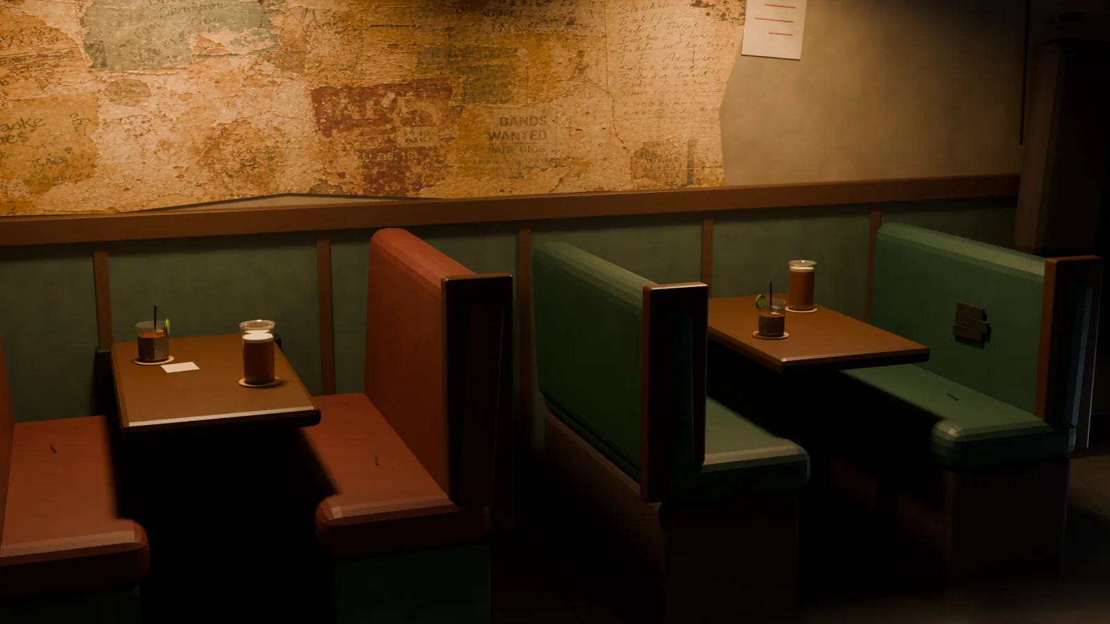 Small run of adjacent aged-vinyl booths with worn wood tables and drinks set on coasters