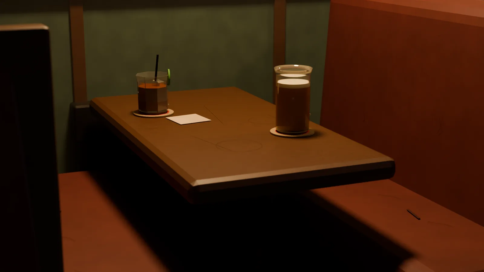 Close view of cracked booth vinyl, decades-worn tabletop finish, beer, cocktail, and coasters