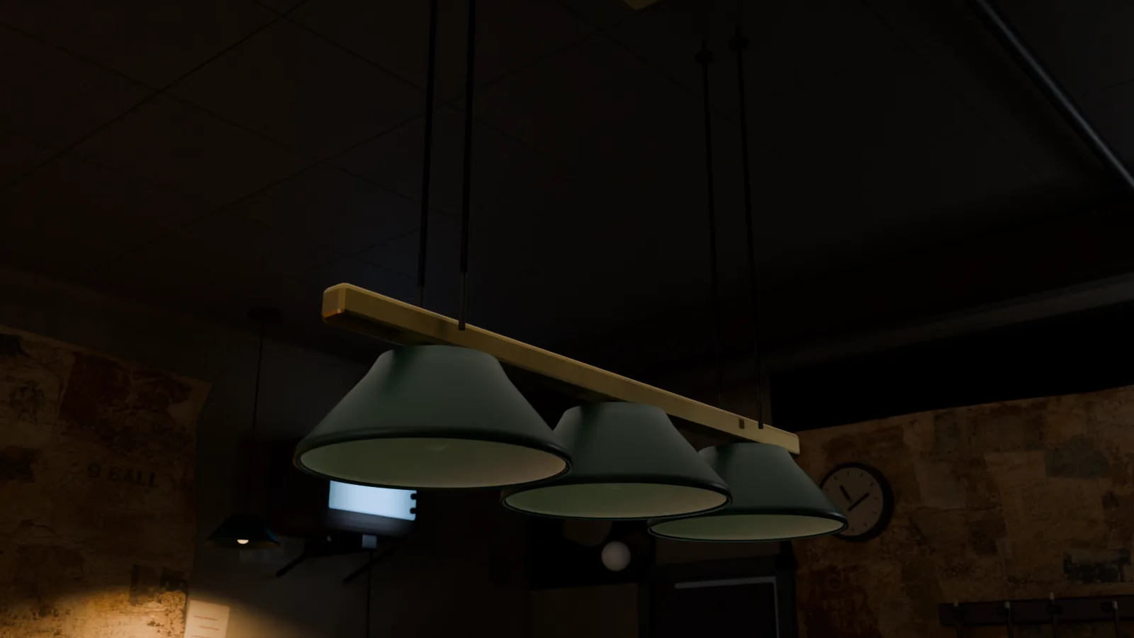Low three-shade classic billiard fixture suspended over the table beneath the old ceiling