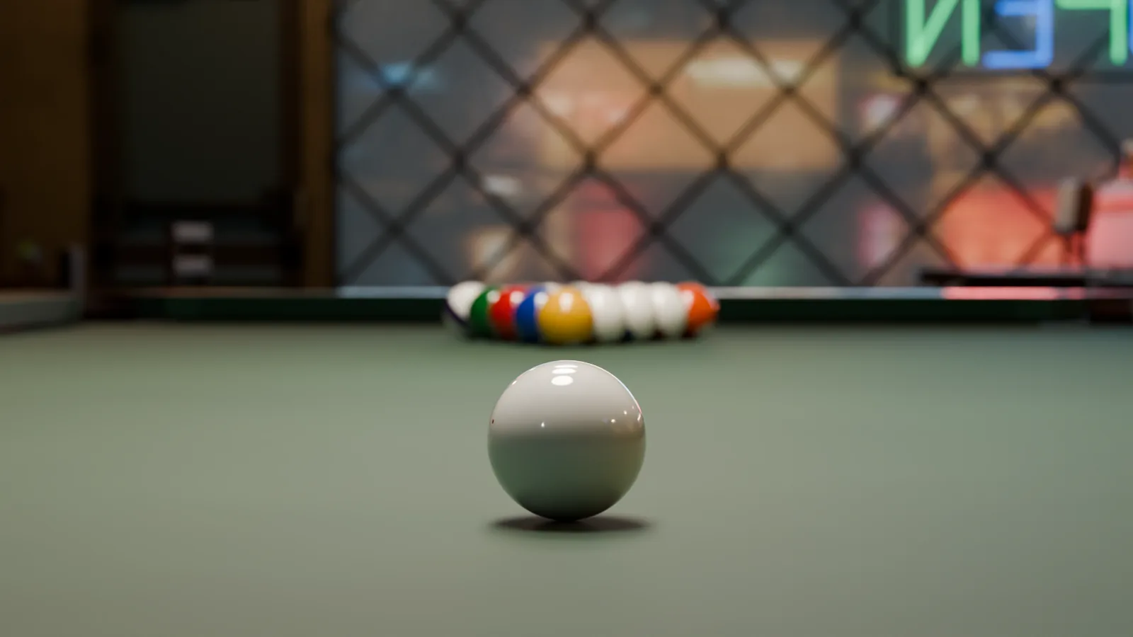Cue-ball-height view down the table toward the racked balls and diamond storefront window