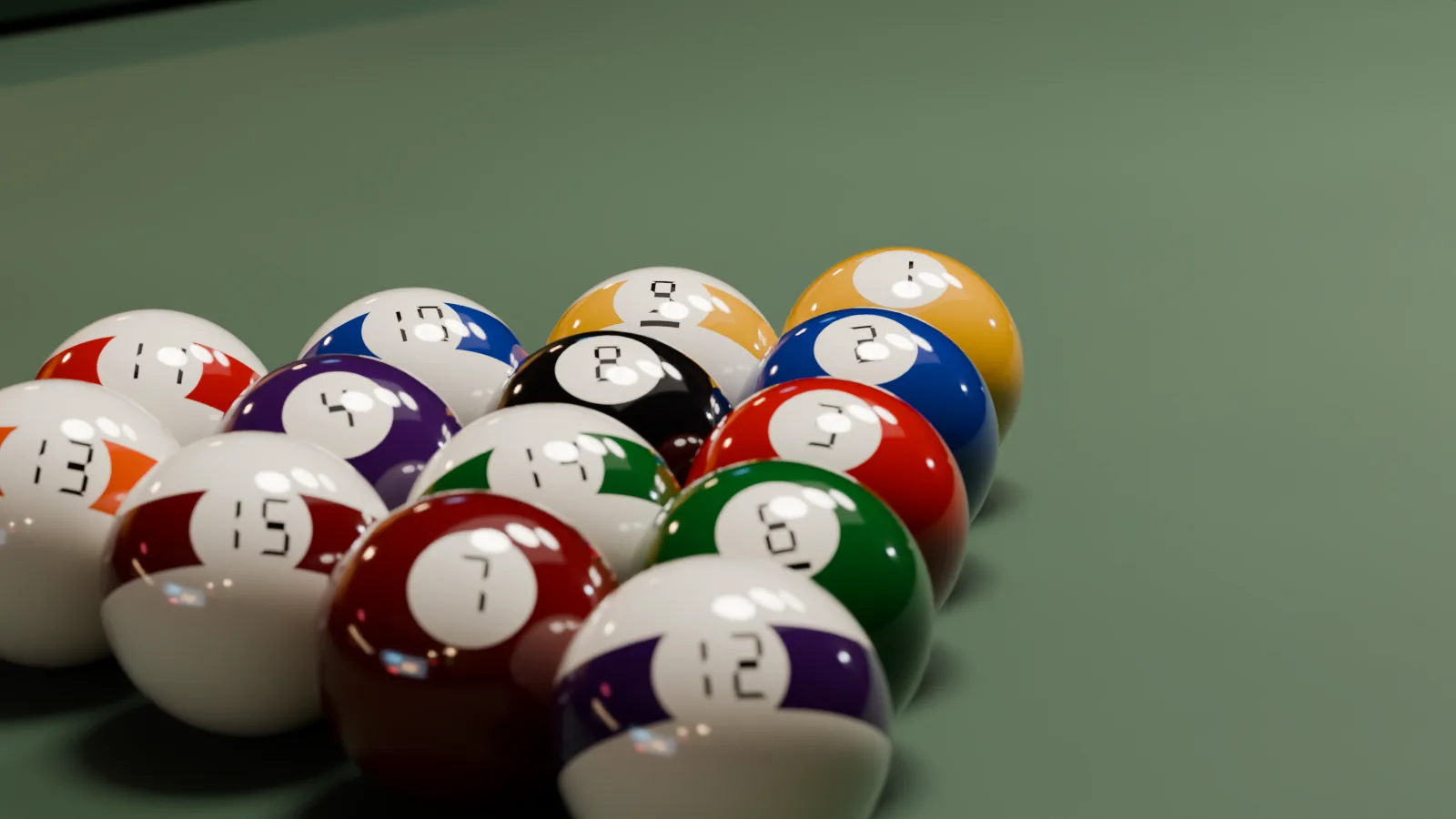 Close view of the fifteen-ball rack on worn tournament-green cloth before the break