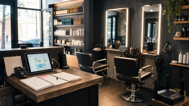 A small-business salon workspace with a booking screen, card reader, and appointment book